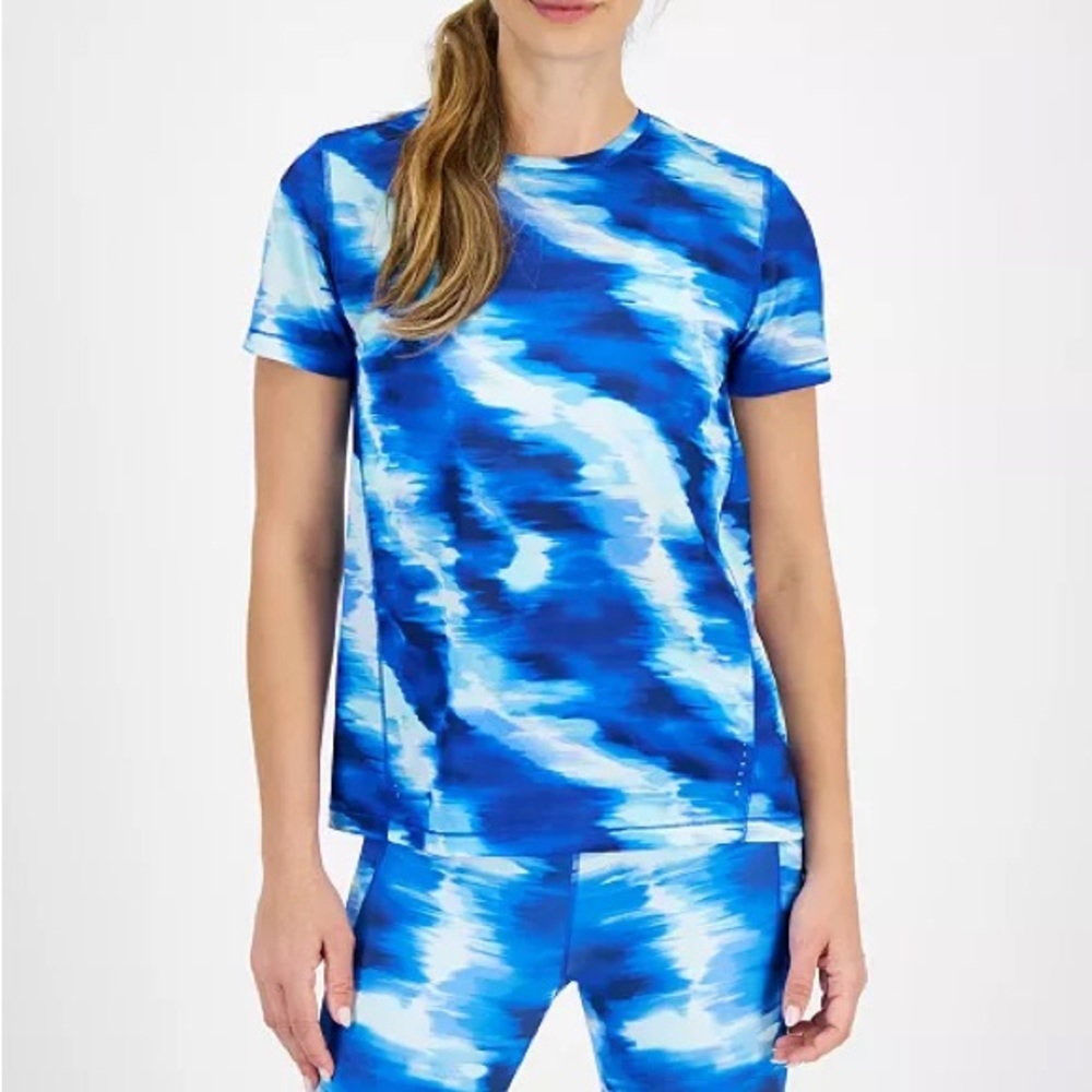 NWT ID Ideology Women's Shibori Wave Printed Mesh Blue Tee Sz L